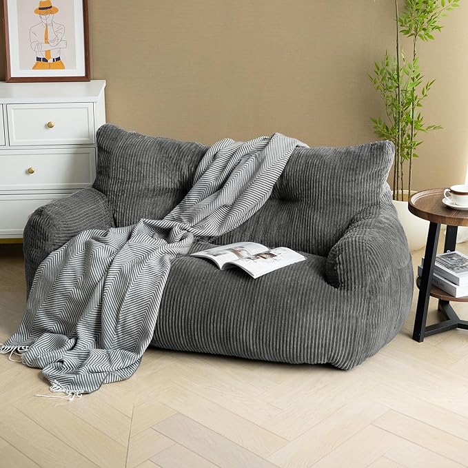 Pamapic Bean Bag Chair,2 Seat Loveseat Sofa,Ultra Soft Dutch Velvet,Fluffy Comfort Washable Cover,Corduroy Lazy Sofa Bed for Adults,Fit Living Room, Bedroom,Outdoor Spaces,Dark Grey