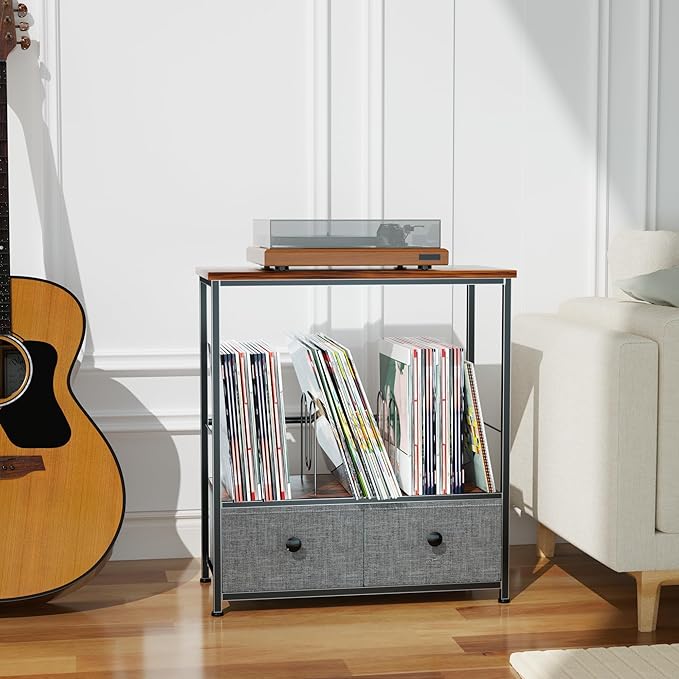 Record Player Stand with Vinyl Storage, 2-Tier Record Shelf Table with Fabric Drawer, Holds Up to 110 Vinyl Records, Record Player Table for Turntable and Albums, 23.62"D × 11.81" W× 25.59"H
