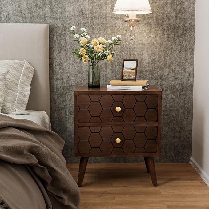 COSIEST Modern End Table w Honeycomb Pattern, Mid-Century Nightstand w Storage Drawer, Small Wood Accent End Table for Bedroom, Living Room(Brown,2 Pieces)