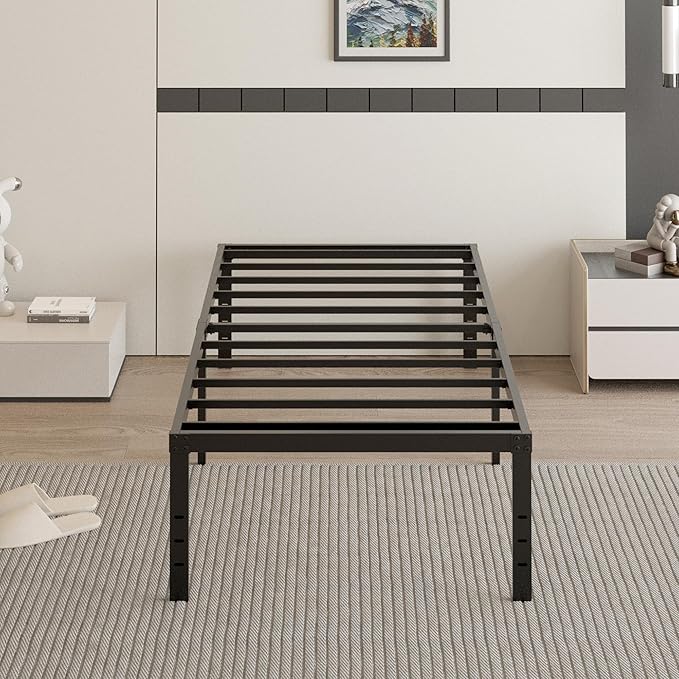 18 Inch Twin XL Bed Frames with Black Bed Cover, Metal Bed Frame Twin XL No Box Spring Needed, Heavy Duty Mattress Foundation, Easy Assembly, Noise Free