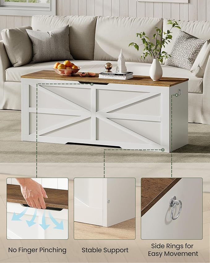 Storage Chest, 47.2" Wooden Storage Trunk, Modern Storage Bench with Safety Hinge, Toy Box, Farmhouse Style, for Bedroom, Living Room, Walnut and White MCW16WL