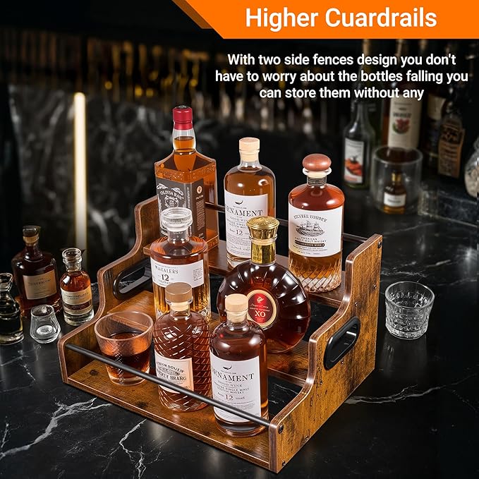 3-Tier Liquor Bottle Display Shelf - Holds up to 12 Bottles, Rustic Wood Bar Shelves for The Home Bar, Countertop Whiskey and Bourbon Organizer with Anti-Slip Pads