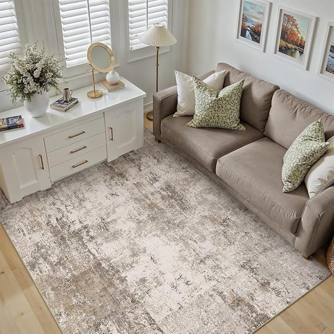 6x9 Washable Area Rug Brown Grey Neutral Abstract Living Room Bedroom Large Throw Rug Non Slip Soft Low Pile Indoor Floor Carpet for Dining Room Kitchen Office Entryway