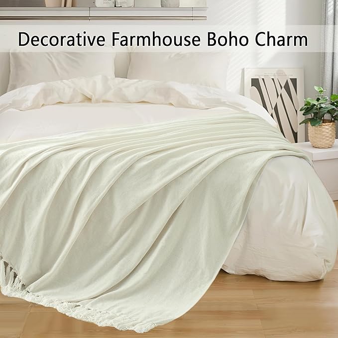 Chenille Throw Blanket for Couch 50"X 60", Soft Cozy Throws with Fringe Tassel for Bed Sofa Chair Cover, Lightweight Knitted Decorative Boho Blankets for Living Room, Ivory White
