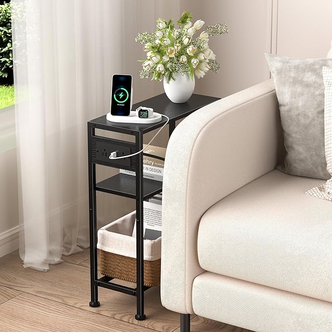 Small Narrow Side Table with Charging Station, Skinny End Table for Small Spaces, Slim Nightstand with Outlets, Sofa Bedside Table in Living Room, Bedroom, Study, Kitchen and Balcony(Black)