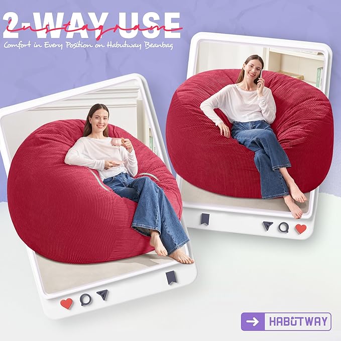 HABUTWAY 5FT Bean Bag Chair,Giant Bean Bag Chairs for Adults,Big Bean Bags with Memory Foam Filled, Large Beanbag Chairs with Soft Corduroy Cover-RED