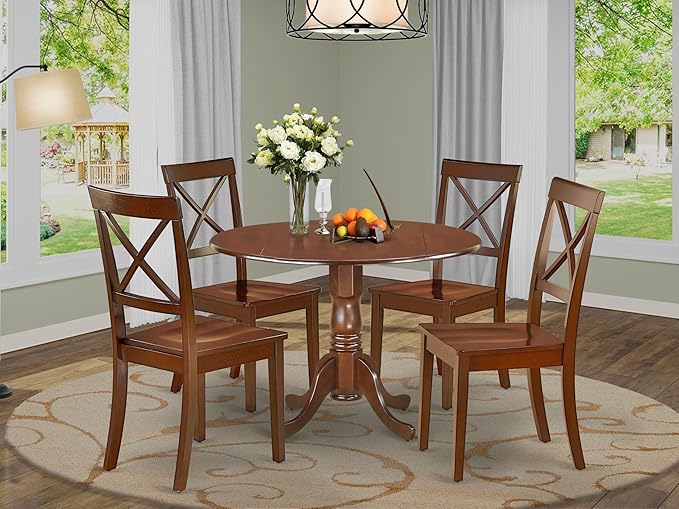East West Furniture DLBO5-MAH-W 5 Piece Dining Room Table Set Includes a Round Dining Table with Dropleaf and 4 Wood Seat Chairs, 42x42 Inch, Mahogany
