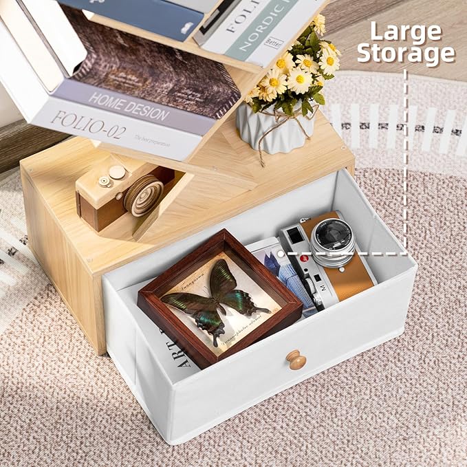 8 Tier Tree Bookshelf with Drawer, Free Standing Wood Bookcase for Narrow Space, Storage Organizer Bookshelves for Books, Book Case for Home Office, Living Room, Bedroom - Natural