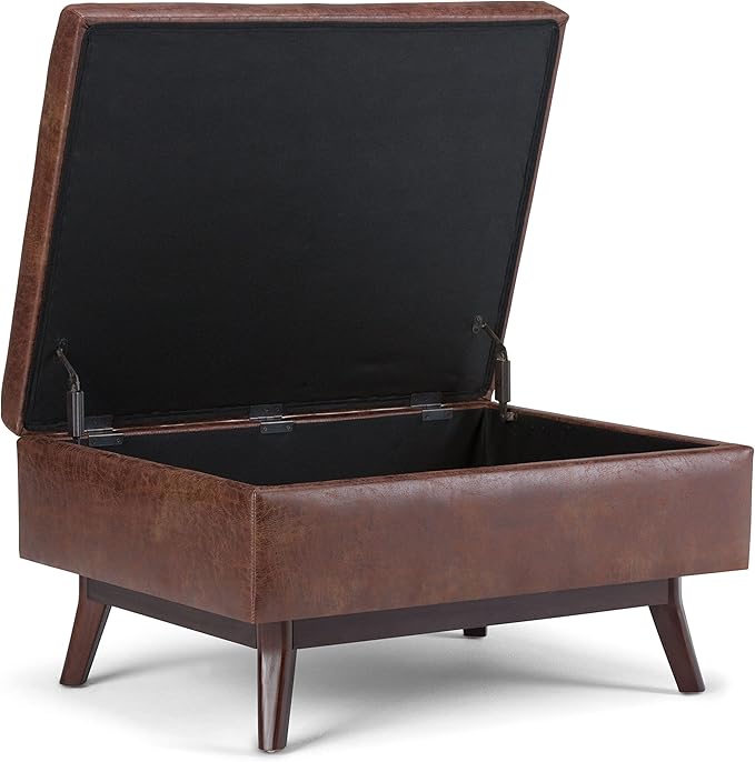 SIMPLIHOME Owen 34 inch Wide Mid Century Modern Rectangle Coffee Table Storage Ottoman in Distressed Saddle Brown Vegan Faux Leather, Assembled, For the Living Room, Entryway and Family Room