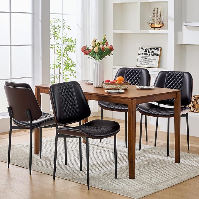 Dining Chairs Set of 4, Upholstered PU Leather Armless Chair, Mid Century Modern Dining Room Chairs, Retro Walnut Bentwood Kitchen Chair with Metal Legs and Adjustable Feet, Black
