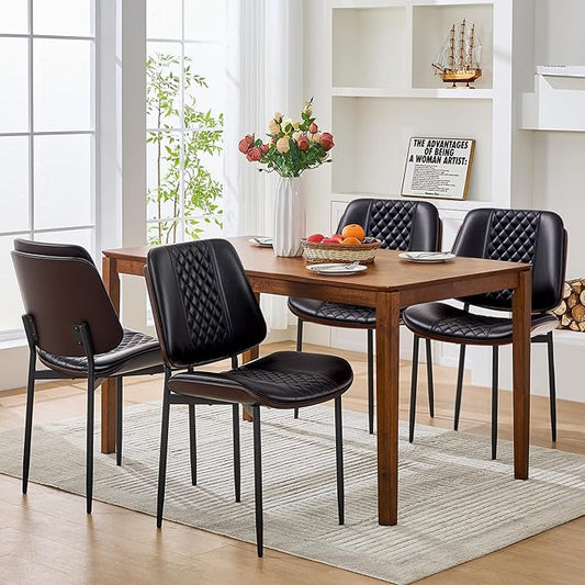 Dining Chairs Set of 4, Upholstered PU Leather Armless Chair, Mid Century Modern Dining Room Chairs, Retro Walnut Bentwood Kitchen Chair with Metal Legs and Adjustable Feet, Black