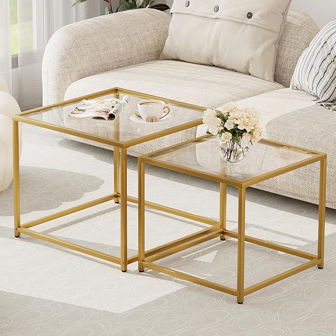 Garden 4 you Coffee Table Set of 2, Modern Glass Nesting Table, Metal Frame Square Center Table Set, Side Tables, Nesting Coffee Table for Living Room, Bedroom and Small Spaces, 23.6in Gold