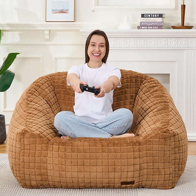 Bean Bag Chairs for Adults, Giant Beanbag Sofa Comfy Reading Chair, Oversized Bean Bag Chairs for Living Room Bedroom, Soft Faux Fur Fabric, 3.2FT, Khaki, Checkered
