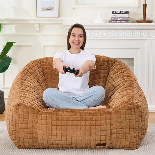 Bean Bag Chairs for Adults, Giant Beanbag Sofa Comfy Reading Chair, Oversized Bean Bag Chairs for Living Room Bedroom, Soft Faux Fur Fabric, 3.2FT, Khaki, Checkered