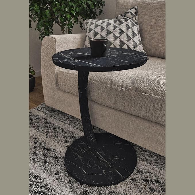C Shaped End Table for Couch Small Places, Faux Marble Black Space Saver Round Side Table for Sofa and Bedside with Wheels, Coffee and Eating Snack Time Tray for Living Room, Office
