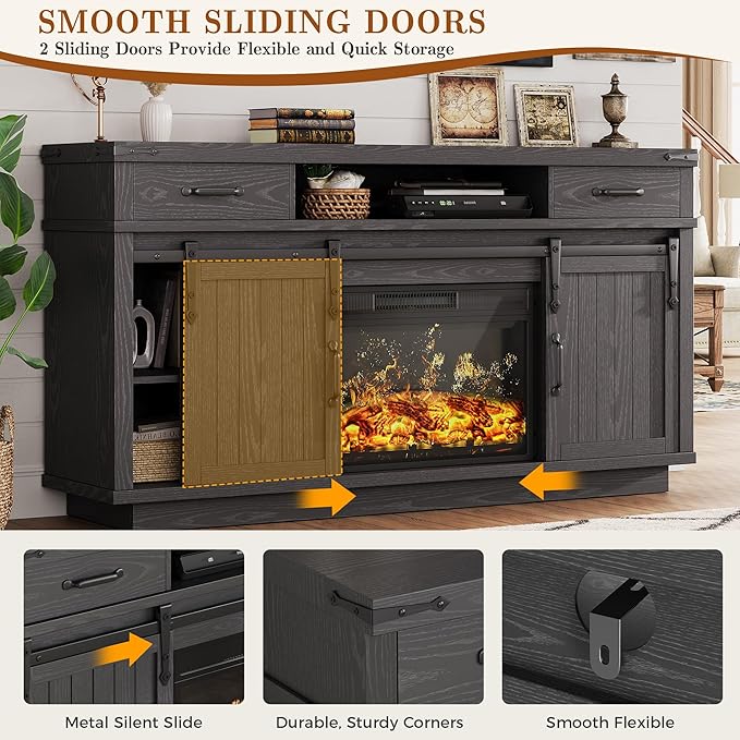 59'' Fireplace TV Stand with 3D Flame Electric Fireplace Heater, 34'' Tall Farmhouse TV Stand for 65 Inch TV, Entertainment Center TV Console with 2 Drawers, Sliding Barn Door for Living Room - Black