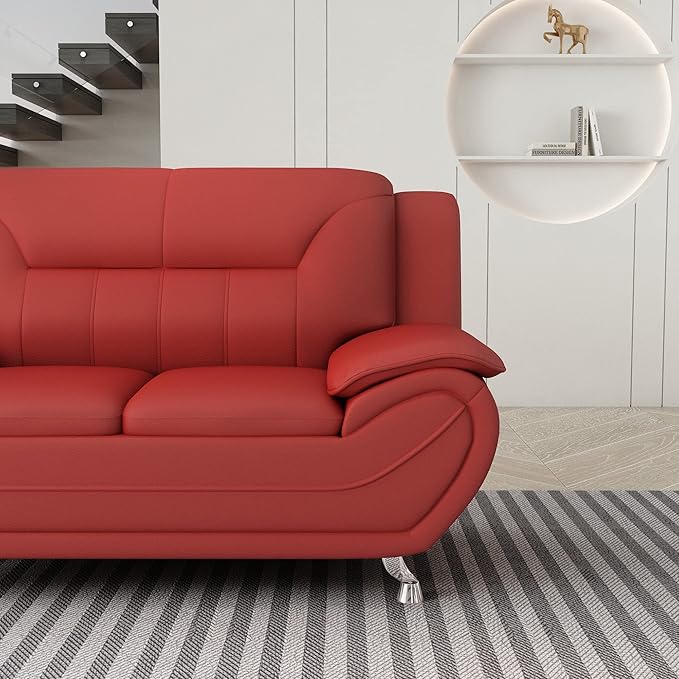 Container Furniture Direct Michael Modern Faux Leather Upholstered Stainless Steel Legs Living Room Loveseat, Red