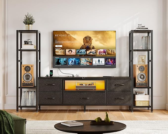 Casaottima 71" TV Stands for 43, 50, 55 Inch TV Entertainment Center with LED Lights and Power Outlets, TV Stand for Living Room with 5 Fabric Drawers & Shelf, TV Console Cabinet for Bedroom, Black