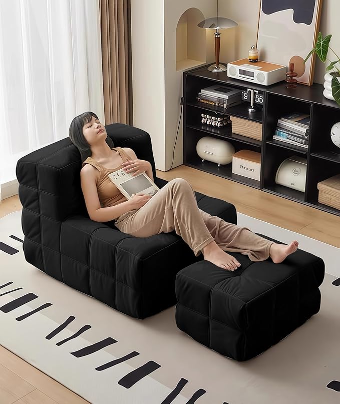 Bean Bag Chair - Memory Foam Bean Bag Chair for Adults, Comfy High-Resilience Single Sofa, Small Space Floor Chair, Chaise Lounge for Living Room, Bedroom (Black, Square + Ottoman)