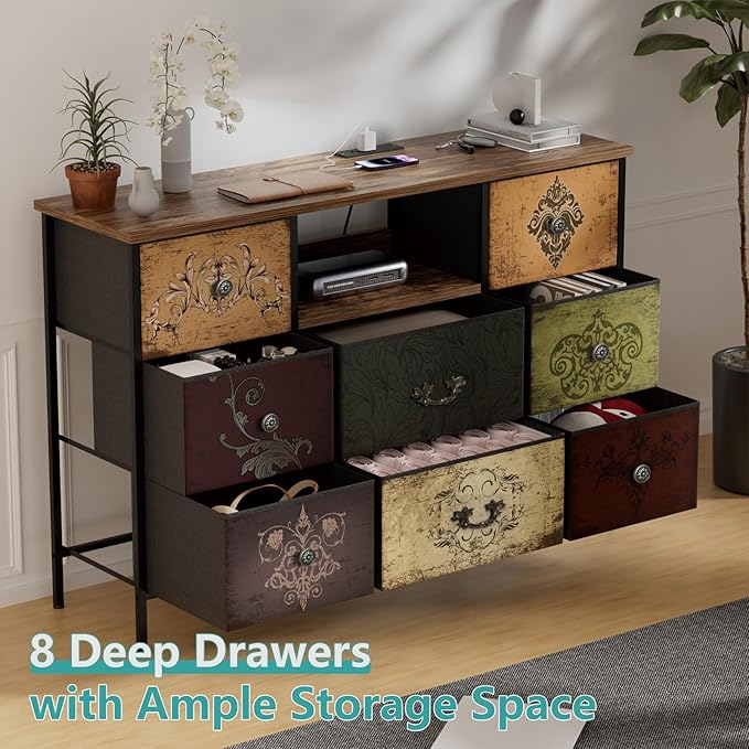 Pattern Dresser with LED Lights and Power Outlets, Dresser TV Stand with 8 Drawers for 55" TV, Fabric Chest of Drawers for Bedroom, Living Room, Entryway
