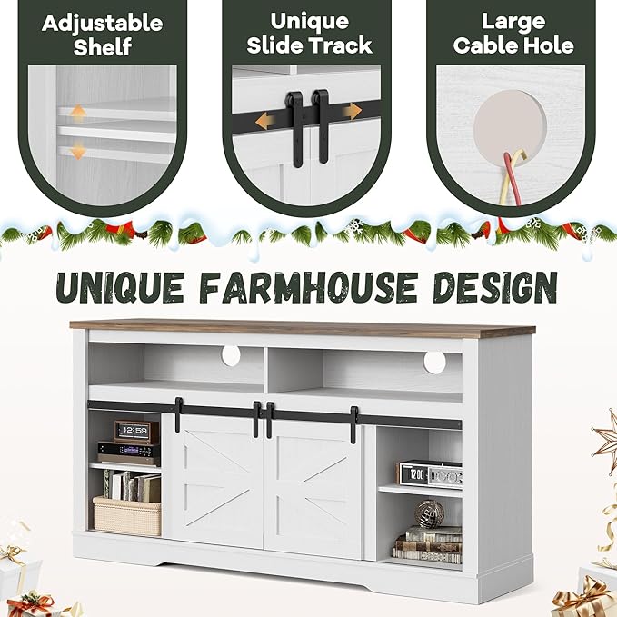 YESHOMY Fireplace TV Stand for Television up to 65+ Inch with Storage and Farmhouse Sliding Barn Doors, Entertainment Center with Cabinet and Shelves, Media Console for Living Room, White