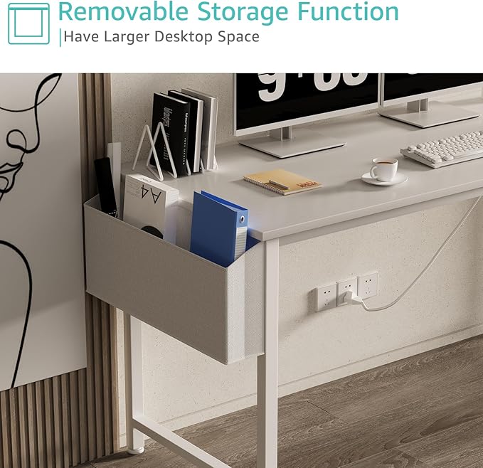 Lufeiya White Computer Desk with Power Outlet, 55 inch Teen Study Table Home Office Work Writing Gaming Desks with Charging Station Outlets Built in, White