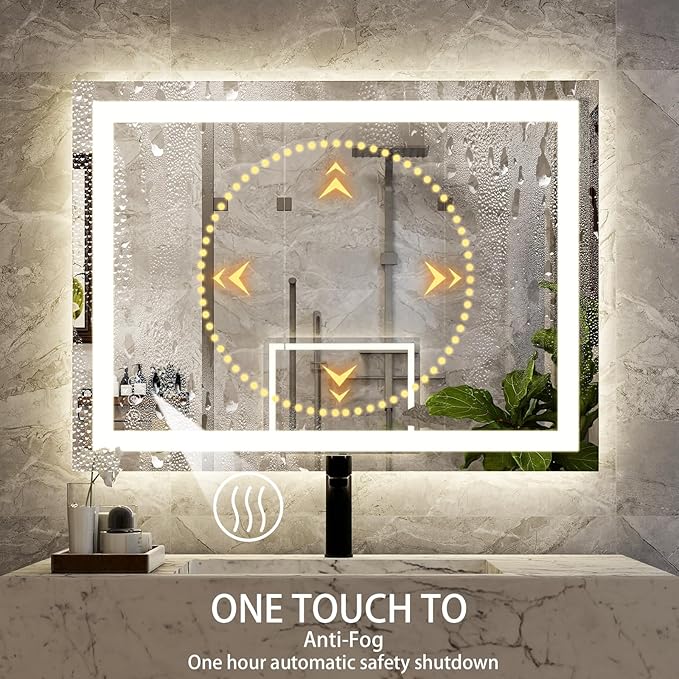 38'' x 26'' LED Bathroom Mirror with Lights, Wall Mirror with Front and Backlight, 3 Colors Vanity Mirror with Lights, Anti-Fog Wall Mirror for Bathroom