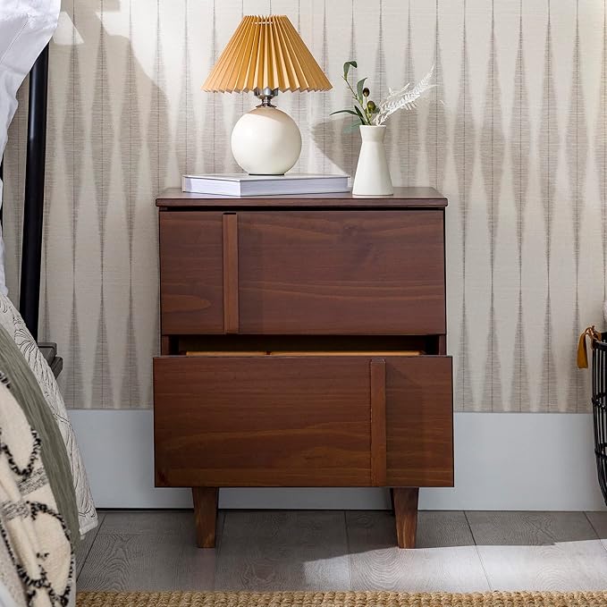Walker Edison Sprague Contemporary Detailed Drawer Solid Wood Nightstand, 20 Inch, Walnut