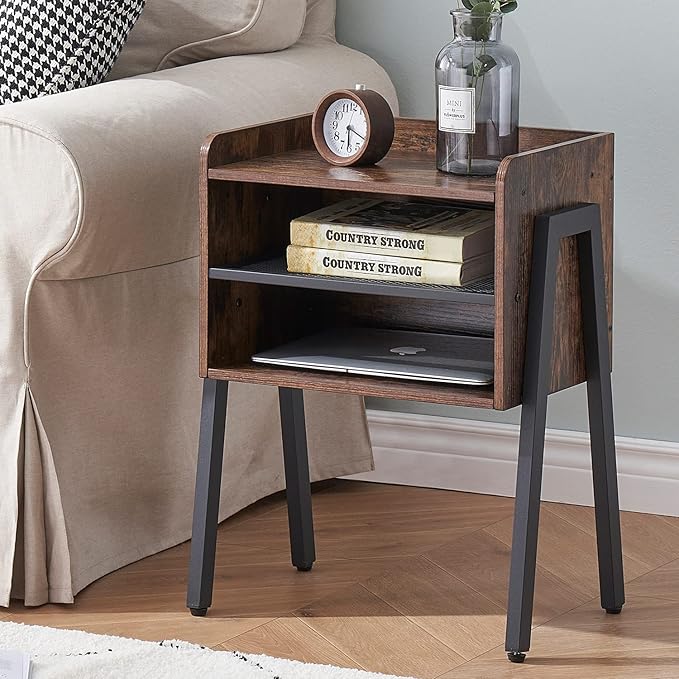 VECELO Nightstand Set of 2,Industrial End Table,Bedside Table with 2-Tier Open Storage Shelves,Wood Side Table with Metal Frame for Bedroom, Living Room,Small Spaces