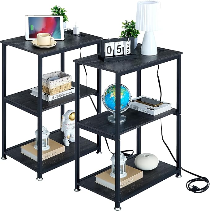 VECELO Tall End Table with Charging Station, Side Table with USB Ports and Outlets, 30" Height Nightstand with 3-Tier Storage Shelf for Living Room Bedroom Office Hallway Study