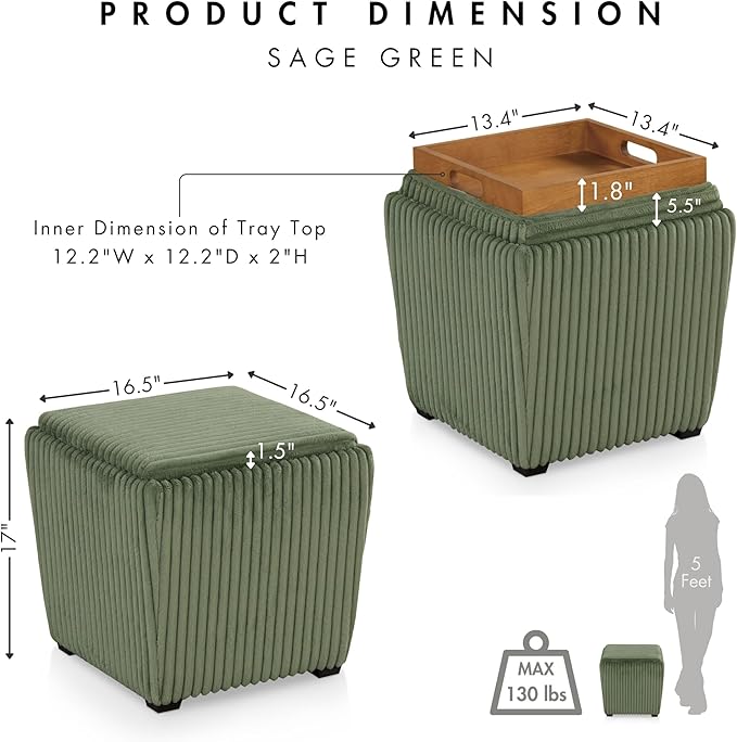 Furniture of America Lennox Modern Chenille 17-inch Square Storage Ottoman with Reversible Tray Top, Upholstered Footstool for Living Room, Bedroom, Entryway, Green