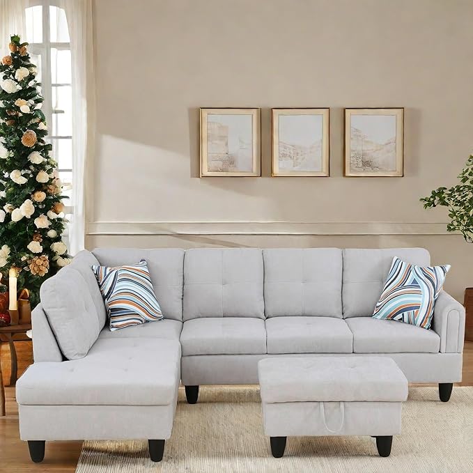 L Shaped Sectional Couch with Otttoman, 97" Sectional Sofa for Living Room Flannel Modular Couches with Cup Holders for Bedroom, Apartments, Light Grey