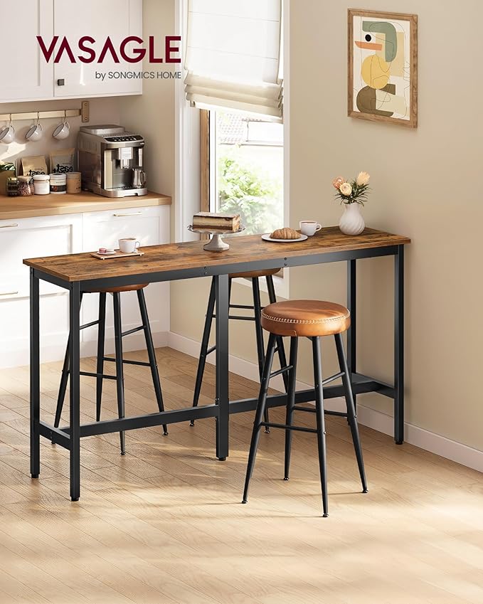 VASAGLE Bar Table, Narrow Long Kitchen Dining Table, Sturdy Metal Frame, Industrial, 15.7 x 63 x 35.4 Inches, Rustic Brown and Ink Black ULBT160K01V1
