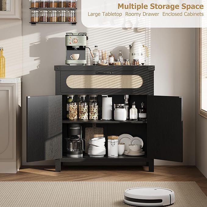 IDEALHOUSE Rattan Cabinet with Drawer, Sideboard with Synthetic Rattan-Accent Doors, Adjustable Shelves, Buffet Cabinet for Living Room Dining Room, Black