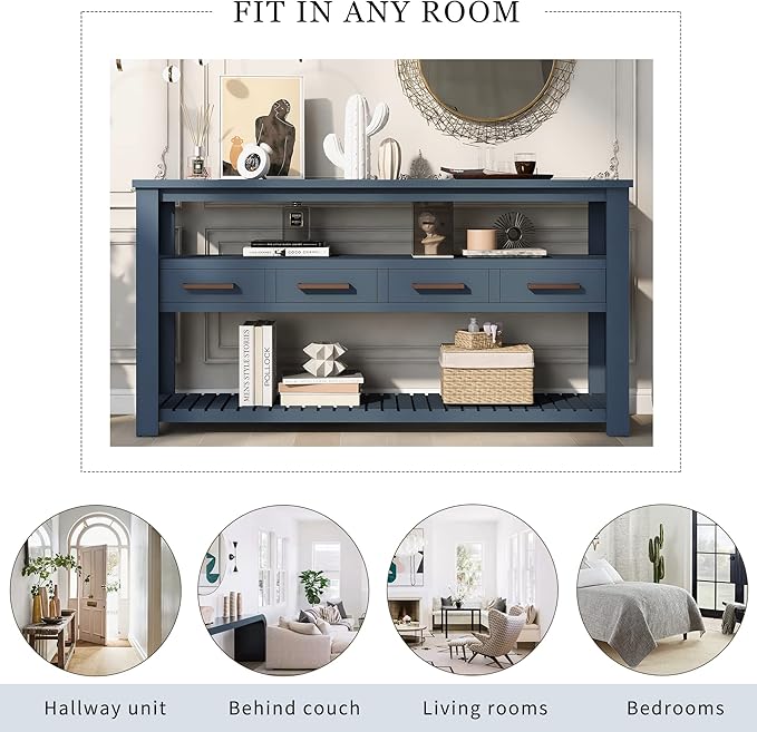 Ball & Cast 62.2“ Contemporary 4 Drawers Console Table, Long Entryway-Table with Drawer & 3 Tier Shelves, FarmhouseWood Storage Sofa Couch-Tables for Entrance Hallway Living, Blue