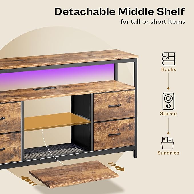 Huuger TV Stand Dresser with Power Outlets and LED Lights, 4 Drawers Entertainment Center with Shelves, 54 Inch Media Console for 55 60 Inch TV, 4 AC Outlets, 2 USBs, Rustic Brown