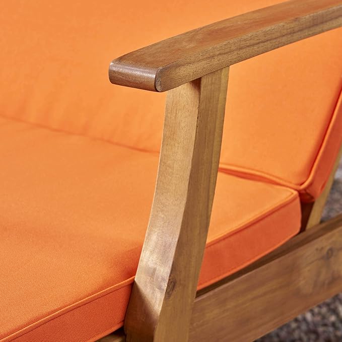 Christopher Knight Home Samantha Double Chaise Lounge for Yard and Patio, Acacia Wood Frame, Teak Finish with Orange Cushions