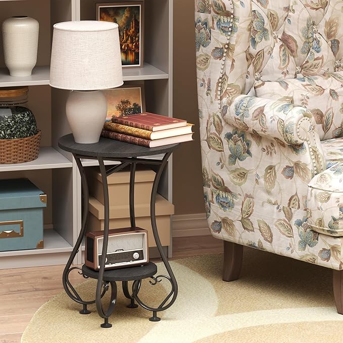 Side Table,Small Round End Table for Small Spaces - Round Bedside Nightstand Table with Metal Frame,Couch Sofa Coffee Table,Retro Accent Table for Living Room Bedroom Balcony,Black,Upgraded Version