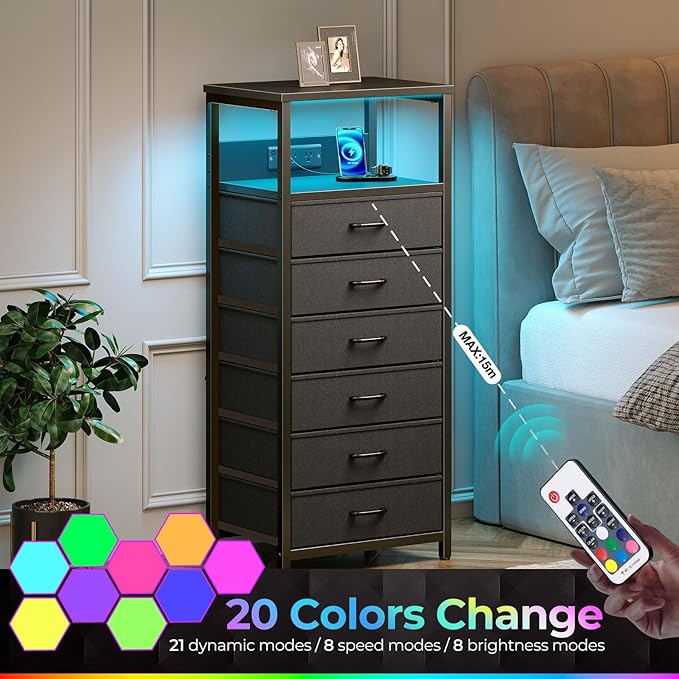 Seventable Night Stand with Charging Station, Tall Nightstand with 6 Fabric Storage Drawers, Side Table with LED Light for Bedroom, Entryway, Black