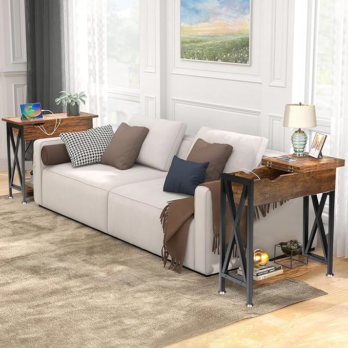 TooCust End Tables Living Room Set of 2, Narrow Side Table with Charging Station, 11.2"D x 24"W x 24"H, Flip Top End Table with USB Ports and Outlets, Couch End Tables Set of 2, Steel X-Shaped Frame