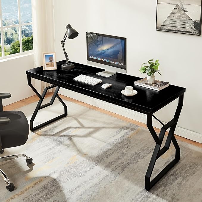 HOMISSUE 63-inch Executive Desk, Large Home Office Desk with Engineered Wood Tabletop and Metal Frame, Rustic Workstation Desks with Sturdy Structure, Long Computer Desks for Home Office, Writing
