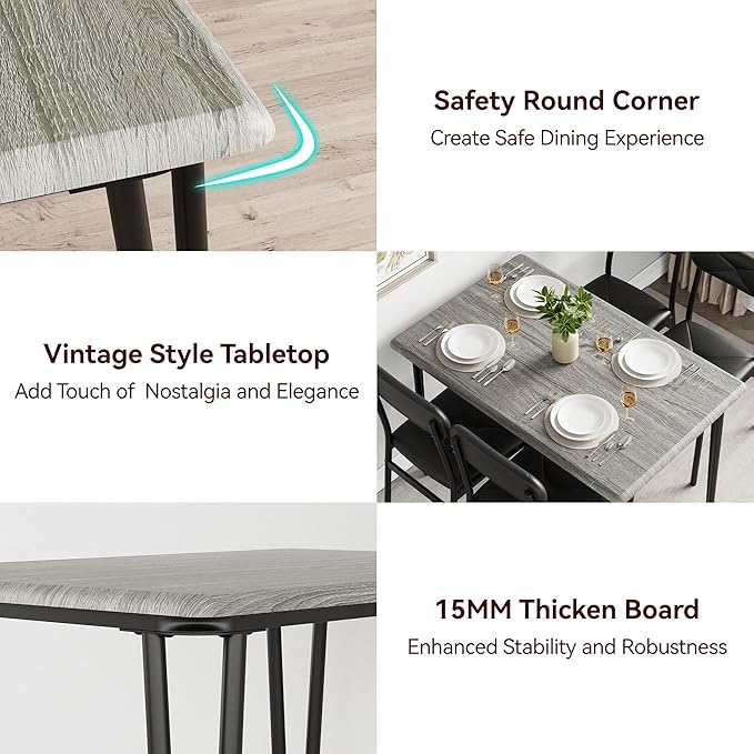 IDEALHOUSE Dining Table Set for 4, Kitchen Table with Upholstered Chairs for Kitchen Room and Small Spaces (Grey, Table with 4 Upholstered Chairs)