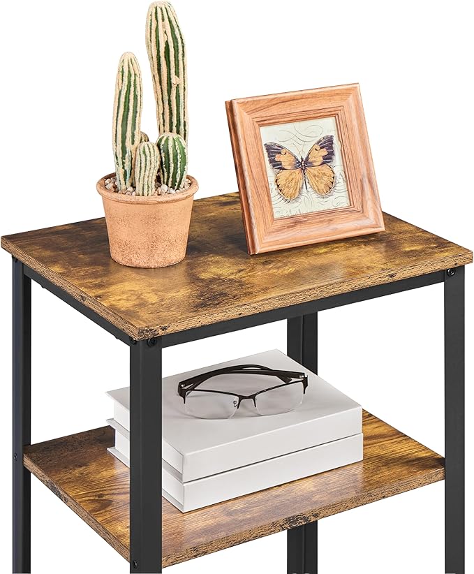 Yaheetech Large 3-Tier Tall End Table, 30 Inches High Side Table with Wooden Shelves & Strong Metal Frame for Living Room Small Space, 12 x 16 x 29.5 inches，Rustic Brown