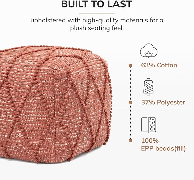 Anji Mountain 100% Handmade & Handcrafted Comfortable Home Décor Pouf Ottoman Footrest for Living Room, Bedroom, Nursery, Kidsroom, Patio Furniture - (19" x 19" x 17"- Terracotta)