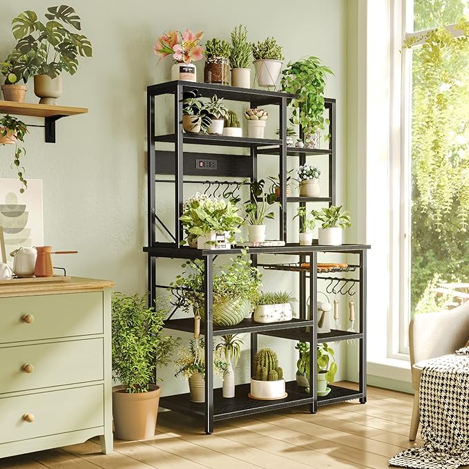 SUPERJARE Large Bakers Rack with Power Outlets, 6-Tier Microwave Stand, Coffee Bar with 12 S-Shaped Hooks, Kitchen Shelf with Wire Basket, 39.3 x 15.5 x 66.9 Inches, Black