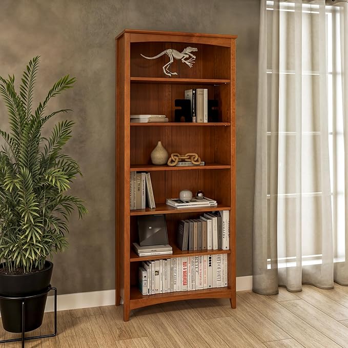 Camaflexi Shaker Style 6 Shelf Bookcase / Solid Wood / 72 inch Tall / Adjustable Shelving / Closed Back / Display Bookshelf for Living Room, Bedroom, Home and Office, Cherry