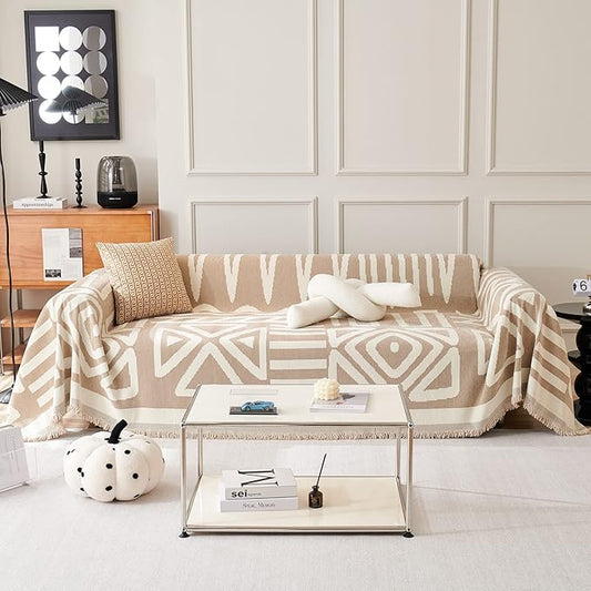VM VOUGEMARKET Sectional Couch Cover for 3 Cushion Geometric Pattern Chenille Sofa Cover Dog Proof Universal Sofa Slipcover L Shaped Sofa Furniture Protector with Tassels-71 x 134,Khaki