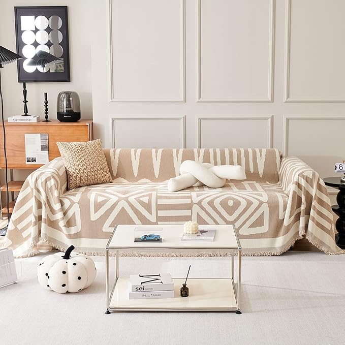 STACYPIK Boho Sofa Cover, Dog Couch Cover for Sofa, Non-Slip Khaki Sofa Cover for L Shaped, Furniture Protector for 3 Cushion Couch, Multi-Use Sectional Couch Cover, Multi-Use Sofa Silpcover-71X150IN
