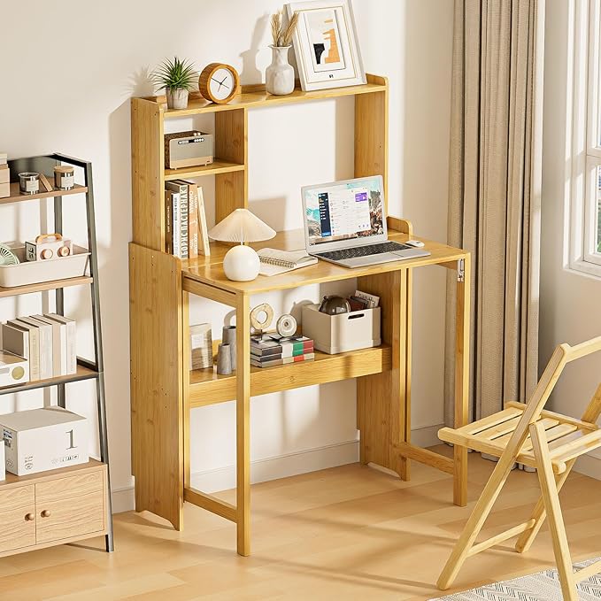 31.1" Bamboo Folding Desk with Bookshelf, Compact Computer Desk for Small Spaces, Foldable Study Desk with Storage Shelf, Space-Saving Home Office Desk for Bedroom, Dorm, Apartment,Natural