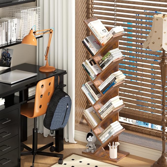 10 Tier Tree Book Shelf, Floor Standing Wood Bookshelf for Narrow Space, Storage Organizer Bookshelves for Books/CDs/Magazine, Bookcase with Shelves for Home Office, Living Room - Brown